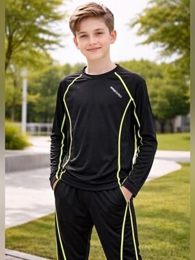 Kids Black Rash Guard Set with Neon Yellow Trim